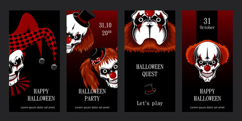 Fototapeta na wymiar A set of Halloween cards featuring scary clowns. Templates for postcards, flyers, banners. Vector image of skulls of evil clowns.