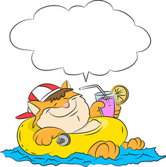 Cartoon cat wearing a duck life buoy swimming and having a cocktail enjoying his vacation vector illustration
