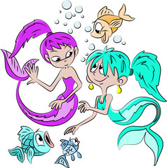 Cartoon mermaids having fun swimming with their fish friends vector illustration