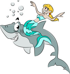 Cartoon mermaid sitting on the back of a shark enjoying the ride vector illustration