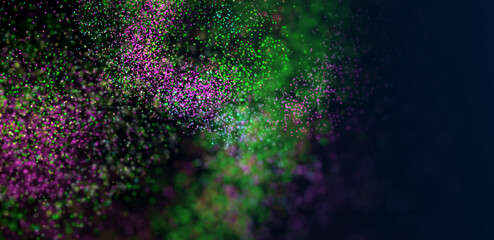 Abstract colourful particles explosion on blue background.
