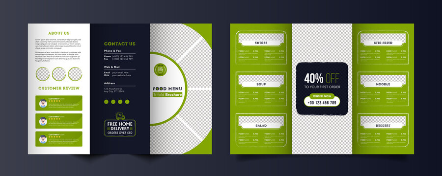 Food trifold brochure menu template. fast food menu brochure for restaurant with dark blue and green color