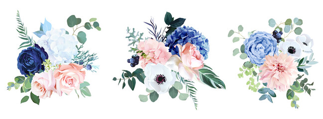 Classic navy blue, white, blush pink rose, hydrangea, ranunculus, dahlia