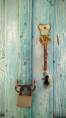 Closeup view of a wooden door lock in an old Greek house in Naxos island