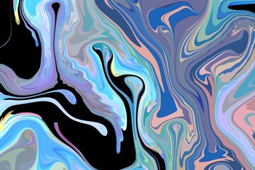 Splashes and waves of bright colors on a black background. Digital ink ripples. For science, technology, artistic presentation, publication, page, invitation. Trendy aesthetic design. Copy space.
