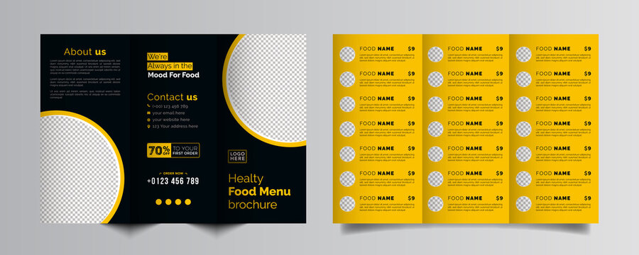 Food trifold brochure menu template. fast food menu brochure for restaurant with black and yellow color