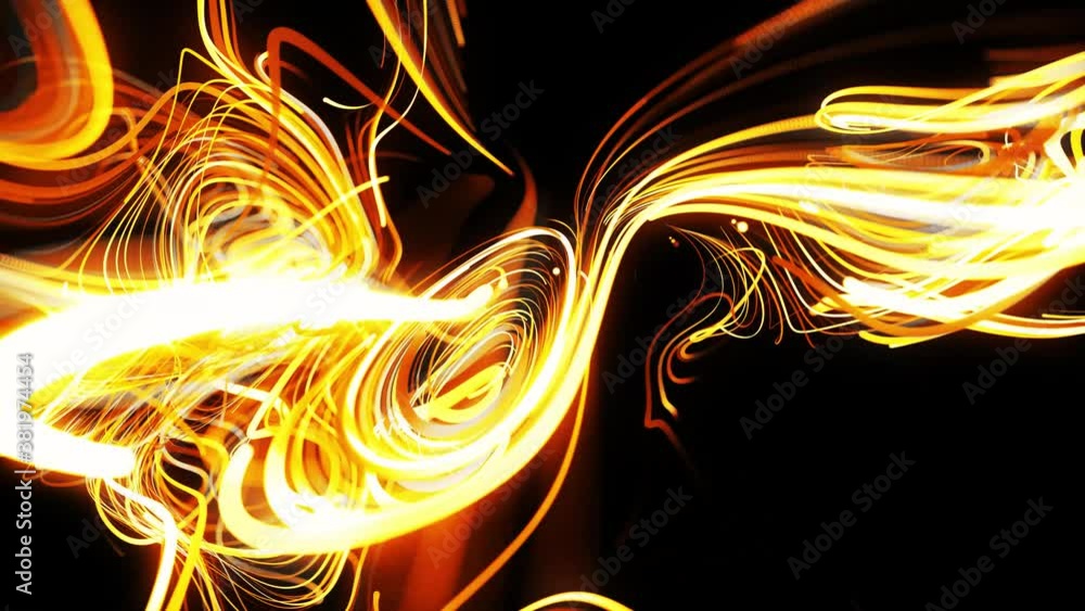 Poster flow of particles forms curled yellow lines like glow light trails, lines form swirling pattern like