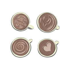 Large set of drinks cups of coffee and tea. Mugs of aromatic cappuccino and americano with milk, drawings, scribble foam. Hand drawn cartoon style flat drinks. Top view.