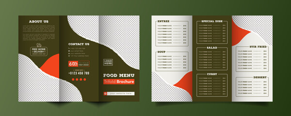 Food trifold brochure menu template. fast food menu brochure for restaurant with green color
