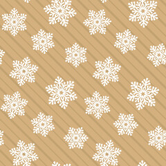 Seamless pattern with openwork white snowflakes on a striped beige background. Vector template for festive design, Christmas and New Year wallpaper, banner, packaging, wrapping paper, wrapper or print