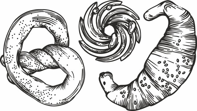 Illustrations in the style of linear drawing. Black and white graphics. Croissants, various pastries, cakes, bagels, cupcakes, bagels, cookies. Images for menus and banners.