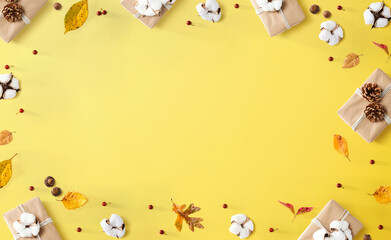 Gift boxes with autumn theme - overhead view flat lay