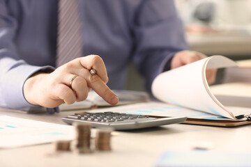 Businessman Calculate Funds Tax Report Concept. Accountant Married Man Counting Financial Data...