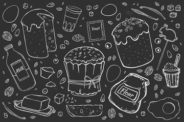 Illustration Recipe Easter cake. Set objects for cooking isolated on black chalk board recipe for cafe menu price tag