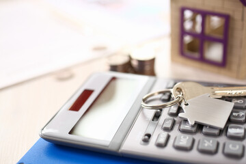 Calculator, Key, Keychain Broker Business Elements. Real Estate Agent Service. Property Selling Concept. Pad, Blueprint, Chart, Contract, Stack of Coins on Office Workplace Closeup Shot