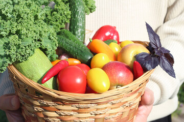 man holds basket with vegetables. Healthy eating