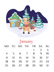January calendar page 2021 with bull. Outdoor winter scene. Vector illustration and calendar grid.