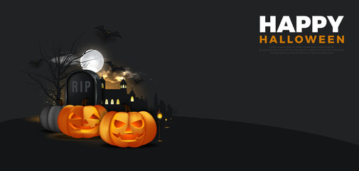 Happy Halloween  background. Night scene with realistic pumkins,candle, gift, tomsbstone, tree, haunted house, cloud. for poster, banner, invitation.