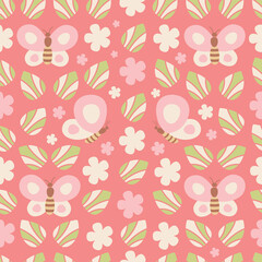 Seamless floral pattern with butterflies and leaves on pink background 