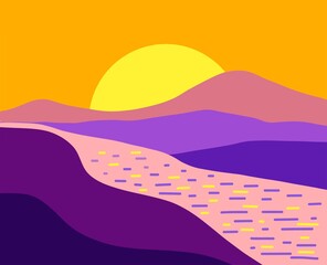 River and mountains at sunset. Nature landscape for background. In a simple bright flat style.