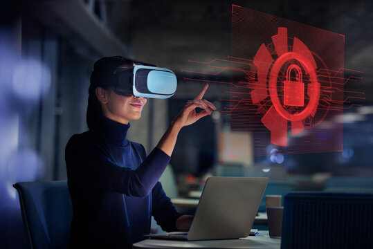 Businesswoman with virtual reality glasses looking at virtual screen