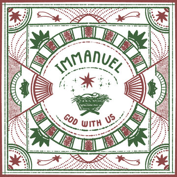 Vector hand drawn square stamp style Christmas card with words Immanuel God With Us.