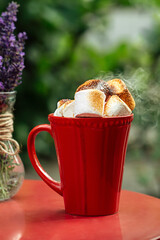 Hot beverage with toasted marshmallows in red mug