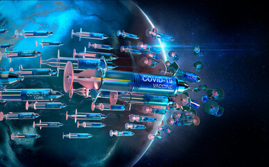 COVID-19 vaccine syringes circling globe