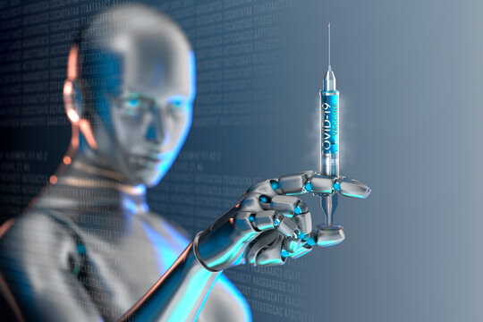 Robot holding COVID-19 vaccination syringe
