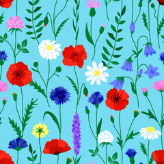 Wildflower summer seamless pattern in bright colors on blue background