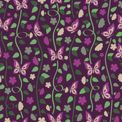 Floral seamless pattern with flowers and butterflies in retro style