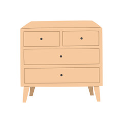 Wooden chest of drawers for cozy apartment in Scandinavian style. Hand drawn hygge furniture for stylish home. House decoration design. Vector illustration, isolated on white background. 