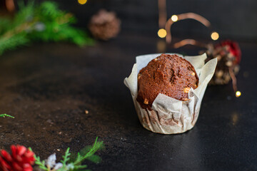 muffins chocolate cupcakes sweet pastries dessert cook sweets meal christmas lights new year treat on the table tasty serving size portion top view copy space for text food background rustic