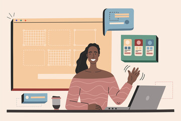 Young African American web designer woman in workplace, freelance worker, creating website, interface and mobile app. Hand drawn vector illustration in flat cartoon style on yellow background. 