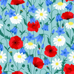 Floral summer seamless pattern with chamomiles, poppy and bell flowers on turquoise background 