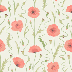 Floral poppy seamless pattern in vintage colors on white background 