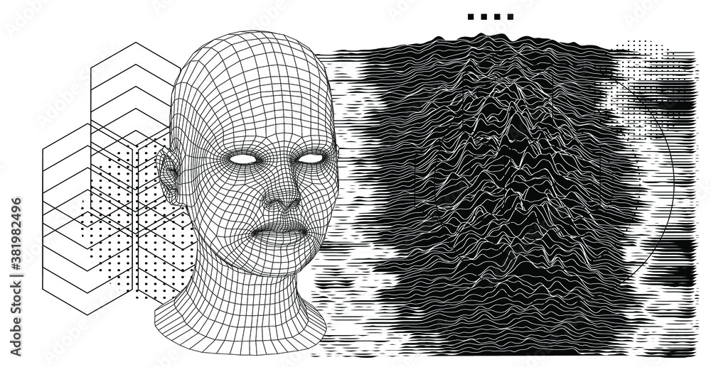 Fototapete Artificial Intelligence and Neural network concept. 3D human face structure made of grid.