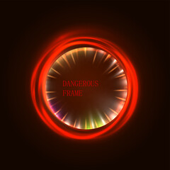 Vector neon red light effect circle frame with internal hazy cog flares. Dangerous predator style design. Energy rings in motion. Thrilling miraculous portal, horror movie, sci fi mystical theme.
