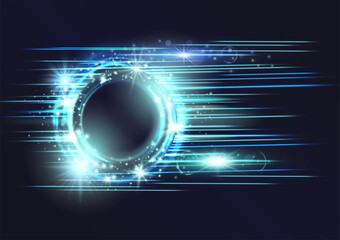 Blue circle flare frame with glowing tail of shining laser stream and stardust sparkles, cold fairy tale illumination. Blizzard mystical energy ring flows in motion, outer space light effect portal.