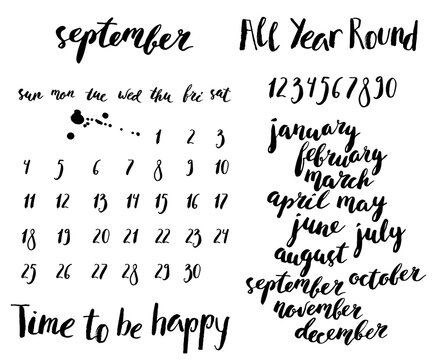 Hand Written Ink Calendar Set With Month Names, Week Days And Numbers