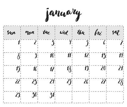 Hand drawn ink monthly planner page template.