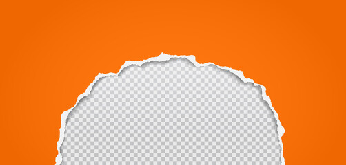 Piece of torn orange paper is on white, squared, transparent background for text, advertising or design. Vector illustration
