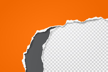Piece of torn orange and black paper are on white, squared, transparent background for text, advertising or design. Vector illustration