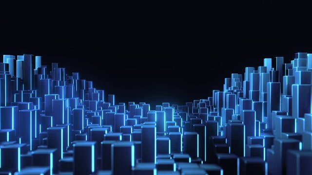 Abstract blue metallic Cubes Background. Metal cube pattern wall. 3D rendering. Projection Mapping element with moving cubic surface. 4k Seamless loop isolated on black