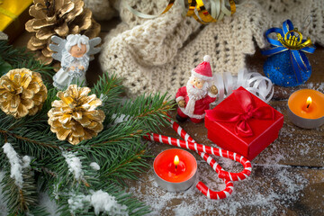 Merry Christmas, postcard with gifts and Christmas decorations.