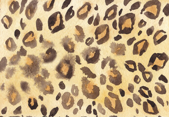 Watercolor abstract background of leopard skin imitation. Wildlife leopard texture. Animals textures pattern. For print, web, banner, postcard, textile.
