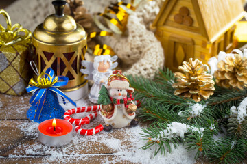 Fototapeta na wymiar Merry Christmas, postcard with gifts and Christmas decorations.