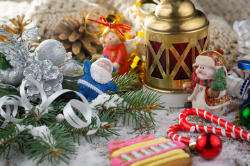 Merry Christmas and Happy New Year, postcard with gifts and Christmas decorations.