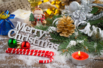Merry Christmas, postcard with gifts and Christmas decorations.