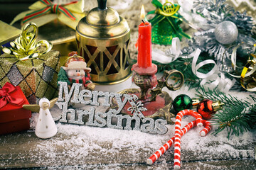 Merry Christmas card with gifts and, coffee and Christmas decorations.